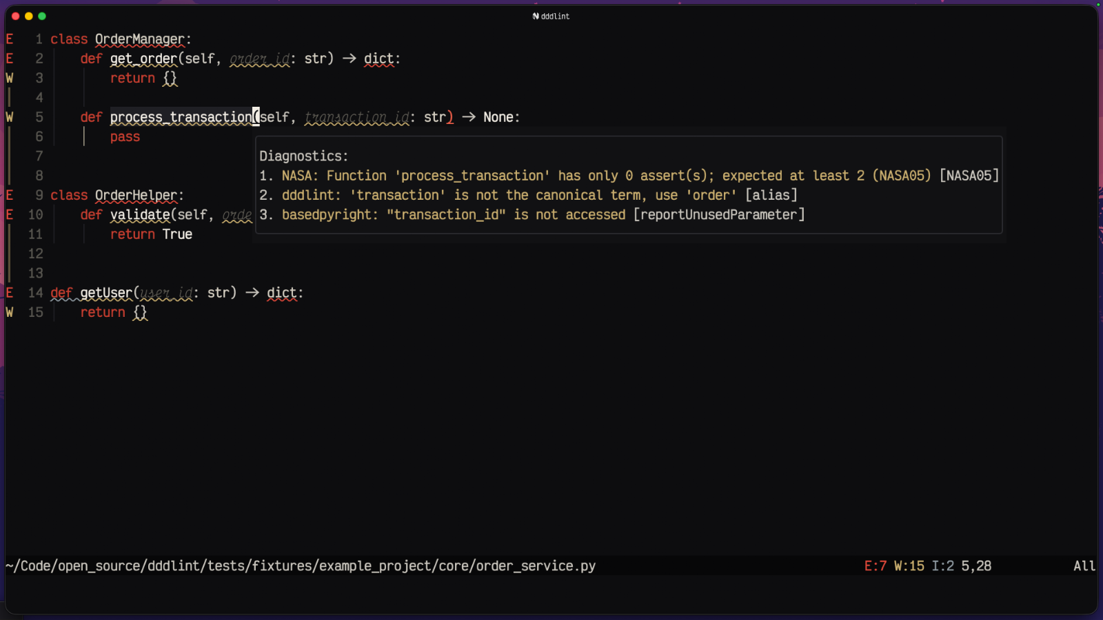 dddlint LSP diagnostics inline in an editor